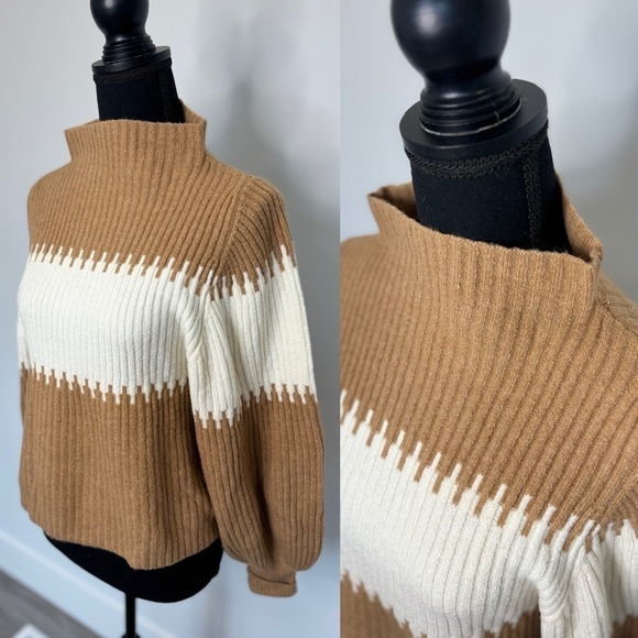 Brown and White Wool Blend Bubble Sleeves Women’s Sweater - Picture 1 of 8